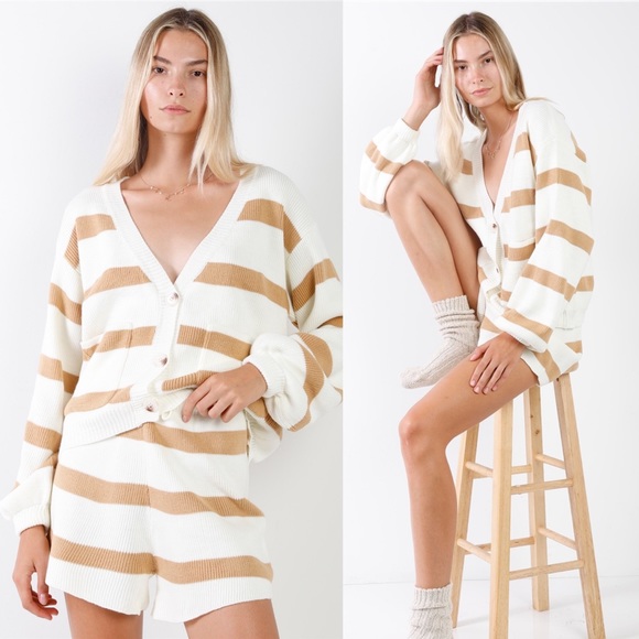 Pants - Ivory & Camel Knit Striped Loungewear Set